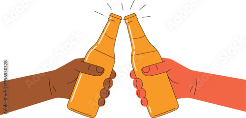 Two Hands Toasting with Glass Beer Bottles, Concept of Social Celebration, Friendship Toast, Successful Partnership, and Happy Hour Party Vector Illustration