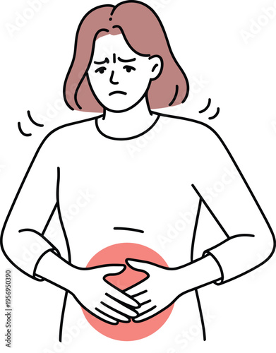 Unwell Young Woman Holding her Stomach in Pain, Concept of Abdominal Cramps, Gastritis Symptoms, Digestive Health Issues, and Menstrual Pain Discomfort Vector Illustration