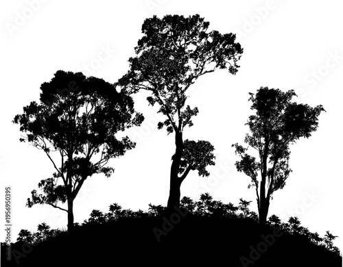 Dark tree silhouettes stand on a grassy hill against a white background, creating a minimalist black-and-white landscape that evokes solitude, calm, and natural simplicity for design and illustration 
