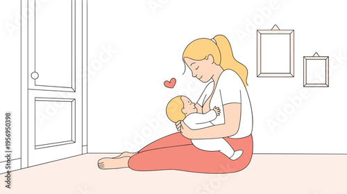Young Mother Breastfeeding Her Newborn Baby at Home, Concept of Maternal Bond, Infant Nutrition, Natural Parenting, Postpartum Care, and Loving Domestic Life Vector Illustration