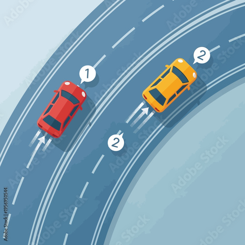 Two cars racing on a winding road, one car overtaking the other.