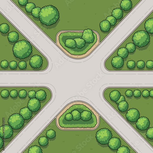 Top-down view of a suburban intersection with green trees and manicured bushes