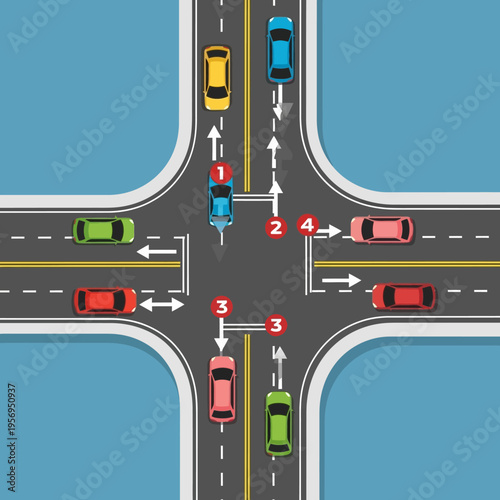 Traffic intersection with cars navigating complex maneuvers, depicting traffic flow and rules.