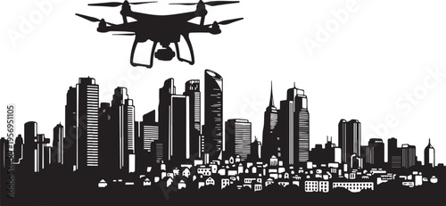 Drone flying over a city skyline at high altitude
