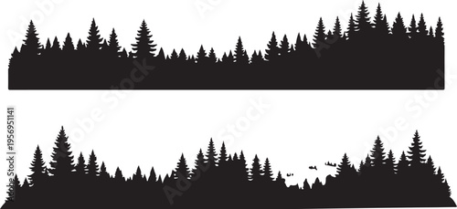 Black Silhouette of Evergreen Trees on White Background Illustration