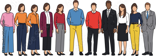 Business and Casual Outfit Set with Diverse People in Flat Vector Style for Fashion, Corporate, and Professional Design Projects