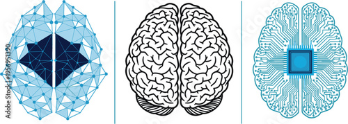 Artificial Intelligence, Human Brain, and Neural Network Concept Set in Modern Flat Vector Style for Technology and Digital Innovation
