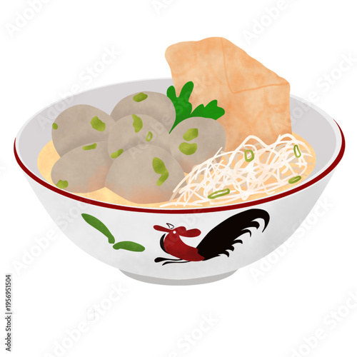 A delicious bowl of Indonesian bakso meatball soup served hot with noodles and broth