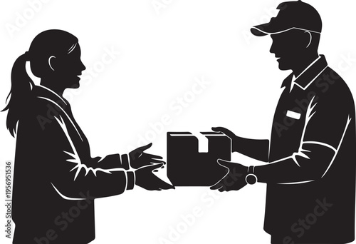 Delivery person handing packages to a smiling customer outside