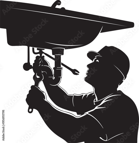 Plumber fixing sink with adjustable wrench in toolbox