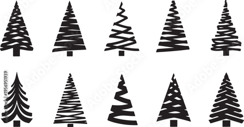 Black Christmas Trees with Different Decorating Styles Isolated
