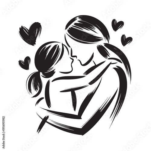 A stylized black and white illustration depicts a tender moment of a mother and daughter embracing with hearts