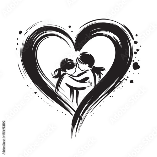 A black and white illustration depicts a couple embracing within the shape of a heart conveying love and affection