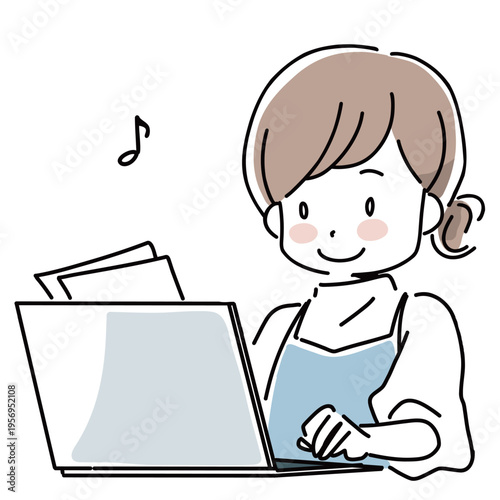 書類を見ながらパソコンを入力する女性のイラスト