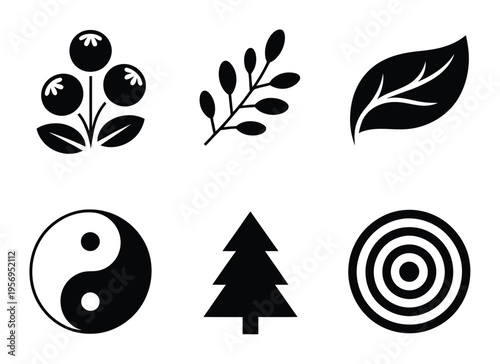 Collection of Six Black and White Berries, Branch, Leaf, Yin Yang, Tree, Target