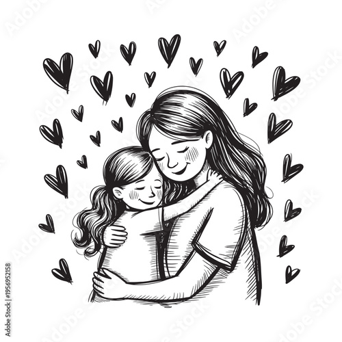 A heartwarming sketch depicts a mother and daughter embracing surrounded by numerous floating hearts high quality