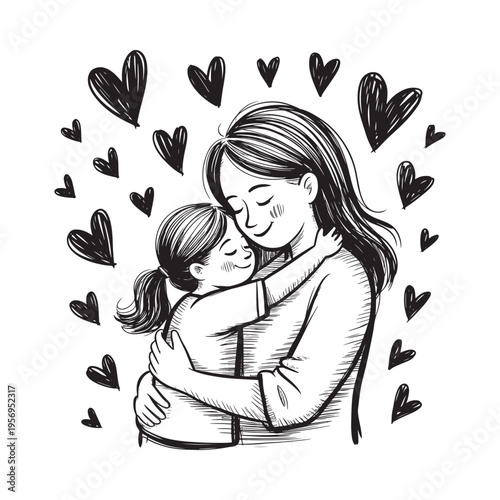 A heartwarming illustration depicts a mother and daughter embracing surrounded by numerous black hearts in a loving scene
