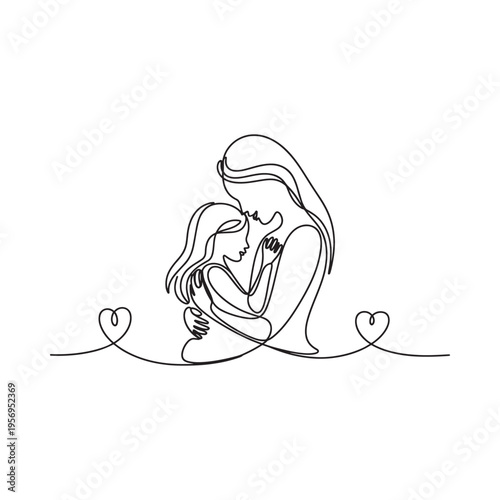 A continuous line drawing depicts a mother lovingly embracing her child symbolizing affection and maternal connection