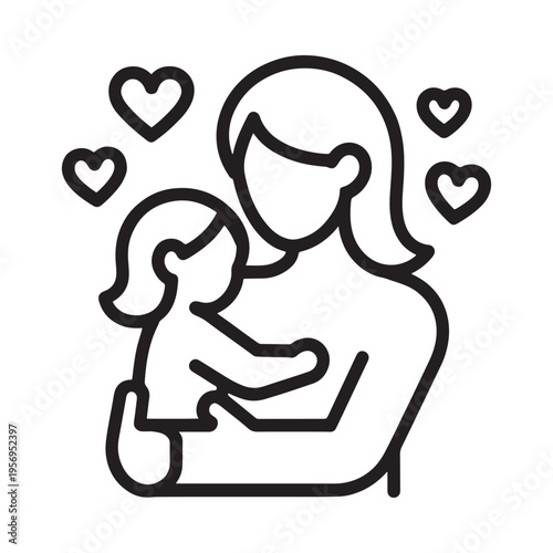 A simple line drawing depicts a mother embracing her child surrounded by floating heart shapes