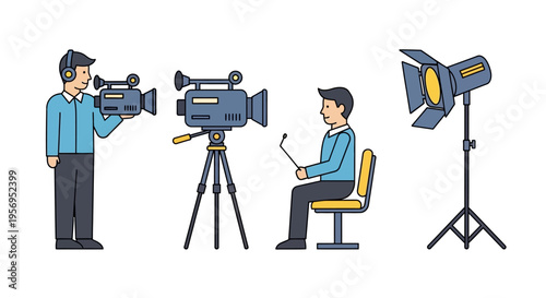 Filmmaking Crew: Cameraman, Interviewee, and Lighting Equipment