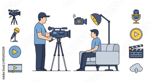 Filmmaking process: cameraman filming interview with person, equipment, icons