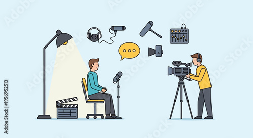Filmmaking process: Interview setup with camera, lighting, microphone, and sound equipment