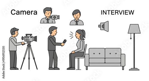 Journalist interviewing woman with camera and microphone, news recording