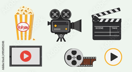Movie Production Icons: Popcorn, Camera, Clapperboard, Tablet, Film Reel, Play Button