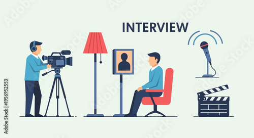 Video Interview Setup: Cameraman, Interviewee, Microphone, Clapperboard, Lamp