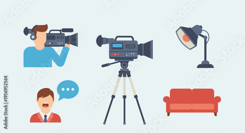 Video Production Elements: Cameraman, Camera, Lighting, Sofa, Speaker