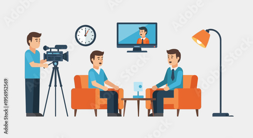 Tv Interview Setup: Cameraman Films Two Men Talking In Studio