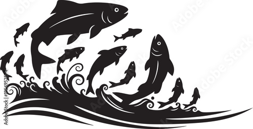 School of fish jumping out of water in black silhouette