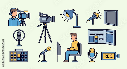 Video Production Equipment Icons: Camera, Microphone, Lamp, Recorder, Person, News