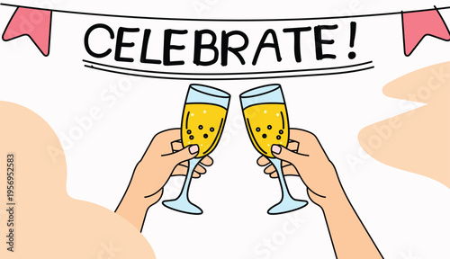 Celebration banner with champagne glasses clinking and "Celebrate" hand drawn text.
