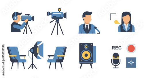 Video Production Icons: Camera, Microphone, Speaker, Studio Setup, Interview, Recording
