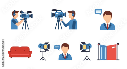 Video Production Icons: Camera, Interview, Studio Setup, Red Carpet
