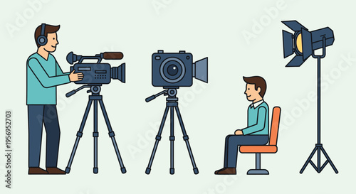 Filming a person with a video camera, tripod, and lighting setup for a professional shoot.