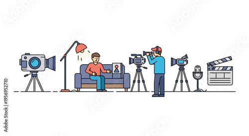 Filming a man sitting on a couch with cameras, microphone, and clapperboard in a studio setup