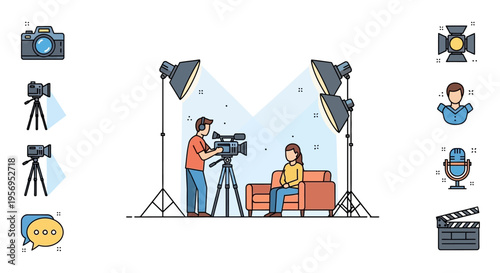 Filming a scene with a camera operator and actress in a studio with lighting equipment