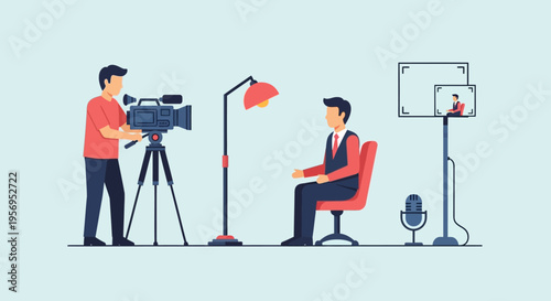 Filming an interview with a cameraman, interviewer, microphone, and lighting
