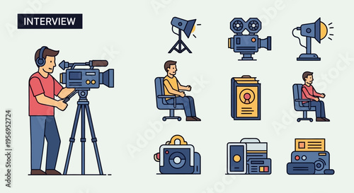 Filming an Interview: Cameraman, Equipment, and Studio Setup Icons