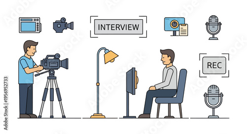 Filming Interview: Cameraman Records Man Sitting in Chair with Lamp and Monitor