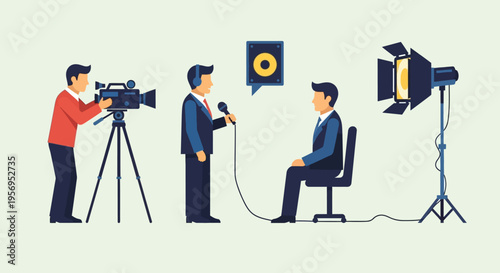 Filming Interview: Cameraman, Reporter with Microphone, and Interviewee with Lighting Setup