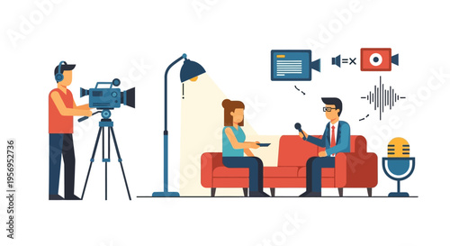 Filming interview on sofa with camera crew and equipment