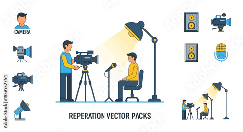 Filming interview with professional video camera and lighting, vector pack