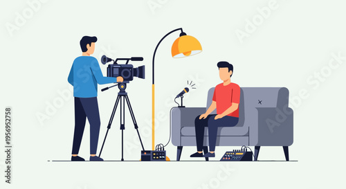 Filmmaker filming interview with man sitting on sofa, professional video production setup