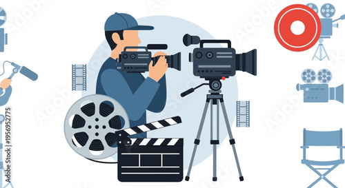 Filmmaker Operating Camera on Tripod with Film Reel and Clapperboard, Video Production Concept