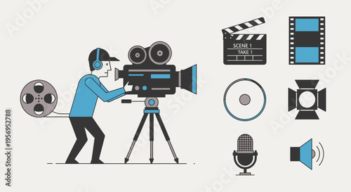 Filmmaker with vintage camera, film reel, clapperboard, microphone, spotlight, film strip