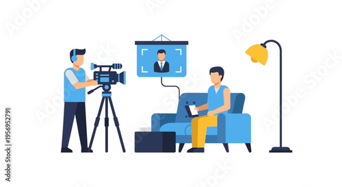 Filmmaker records interview with man sitting on sofa, professional video production setup