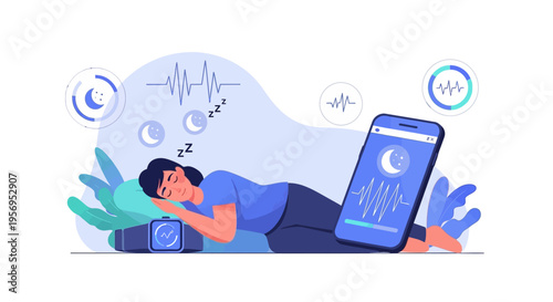 A person sleeps with a smartwatch on their wrist and a smartphone displaying health data nearby, surrounded by sleep and heart rate monitoring graphics.